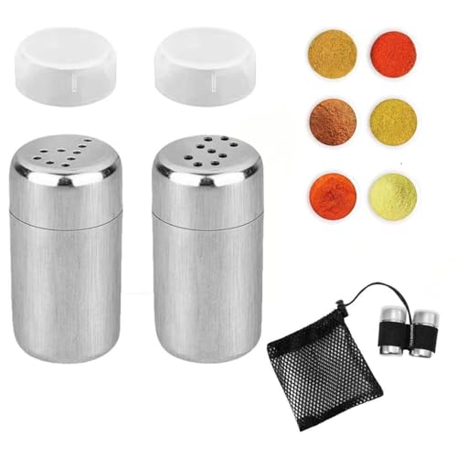 Pack of 2 Mini Salt Shakers for Travel, Stainless Steel Salt, 5 ml Salt Shaker Small with Lid, Spice Bottles Travel, Dust Sugar Shaker, Salt and Pepper Shakers, for Restaurants Camping and Outdoor