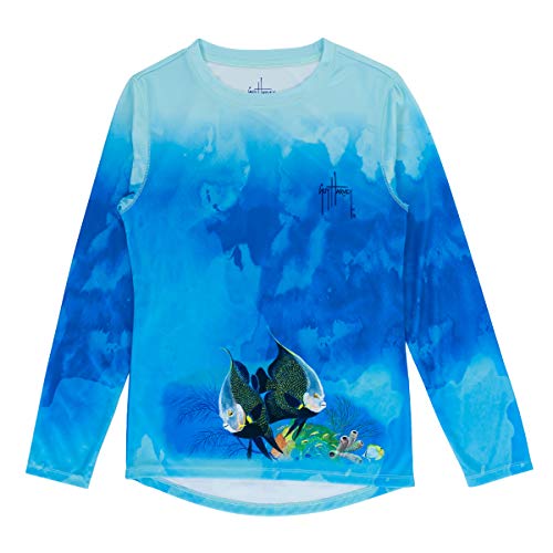 Guy Harvey Girl's Porpoise with Fish Angels Long Sleeve Sun Protection Top, Beach Glass/Porpoise, X-Large
