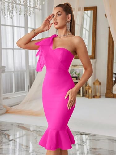 Image of Mesh One Shoulder Bow Midi Dress Fishtail Bandage Cocktail Party Wedding Bridesmaid Evening Gown