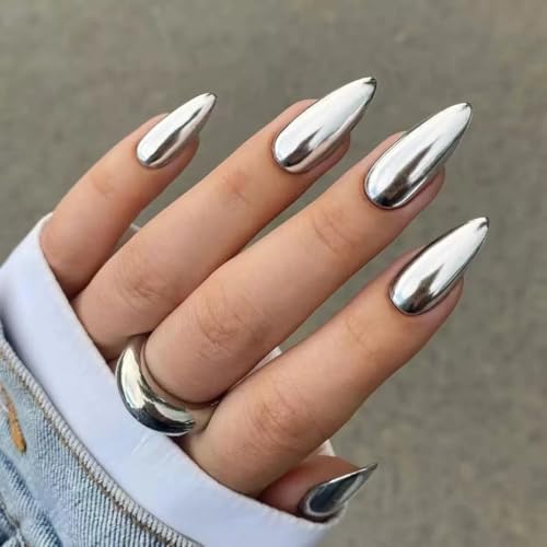 Silver Press on Nails - Medium Almond Chrome Nail Decorations