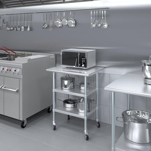 Image of AmGood Stainless Steel Work Table with 2 Shelves and Casters | Metal Utility Table On Wheels (Stainless Steel Work Table with 2 Shelves + Casters, 30 inch Long x 24 inch Deep)