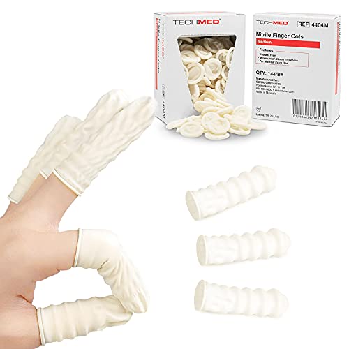 Dukal Nitrile Finger Cots. Box of 144 Pre-rolled Ribbed Finger Cots. Disposable Medium Fingertips, Protector Finger Gloves. Non-Powdered Protective Finger Cots.