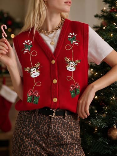 Image of Women Christmas Sweater Vests Santa Claus Sleeveless Cardigan | Women Christmas Sequin Sweater Vests, Button Down, Gingerbread Man Print, Christmas Holiday Tank Top