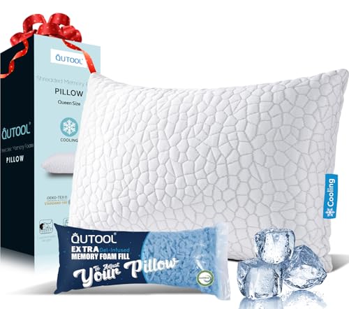 QUTOOL Cooling Pillow for Sleeping, CertiPUR-US Shredded Memory Foam Queen Pillow Set of 1, Cool Pillow for Hot Sleepers Adjustable Firm Pillow for Side, Back, Stomach Sleepers Soft Yet Support, White
