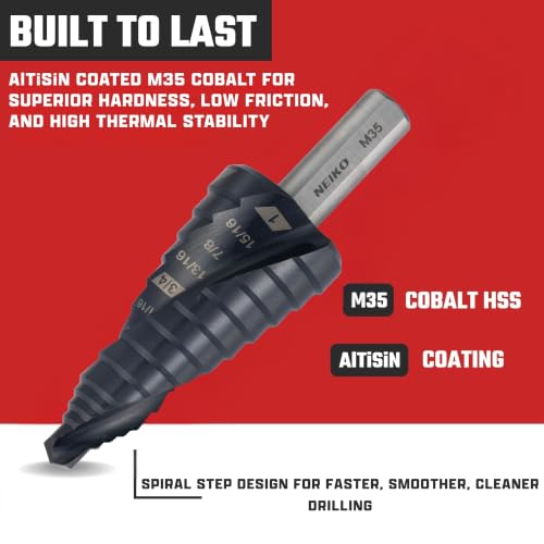 Image of NEIKO 10623B Step Drill Bit, 9 Steps 1 /2 inch to 1 inch Spiral M35 Cobalt, AlTiSiN Coated, 3 /8 inch Tri-Flat Step Bits for Steel, Metal, Wood, Plastic, Unibit Cone Drill Bits, Two Flute
