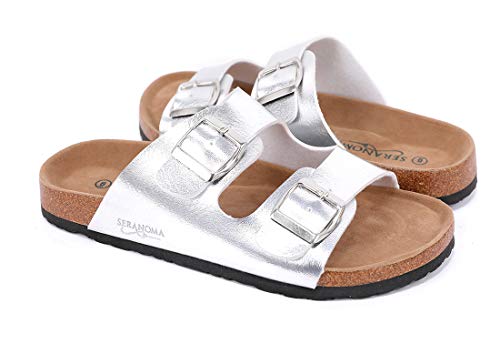 Seranoma Slide Sandals for Women - Comfortable Slip On Cork Footbed Sandals with Adjustable Buckles - Ladies Slip-Resistant Platform Summer Flat Sandals for Beach, Home, Indoor and Outdoor Use