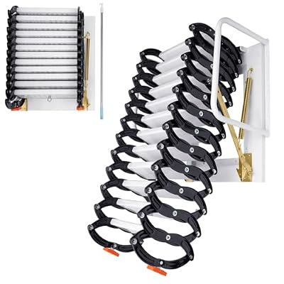 10FT Attic Ladder Pull Down System, 12-Steps Retractable Loft Ladder with Handrails, Heavy Duty Wall-Mounted Aluminum Folding Ladders for Attic, Garage, Roof, Max Load 881lbs