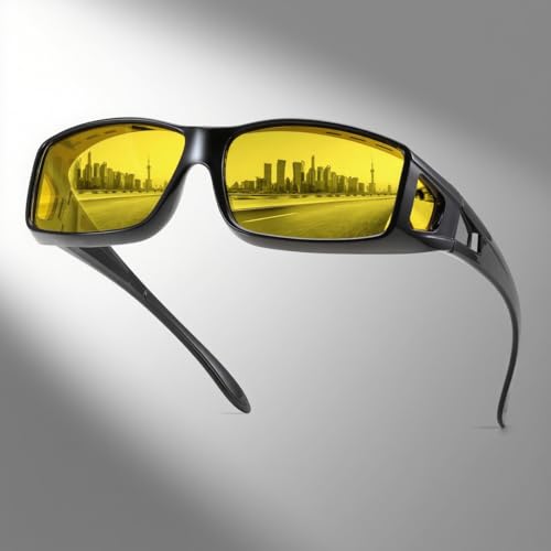 DJ10094 Night Vision Glasses Fit Over Glasses, Anti Glare Yellow Lens for Men & Women