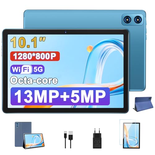 BIEGEDY Tablet 10 Pulgadas Android 16GB RAM + 128GB ROM + TF 512GB Octa-Core 2.0 GHz| 8000mAh | 1280 * 800 Pixels | 5MP + 13MP | 5G WiFi | Bluetooth5.0,Tablet con Funda Azul