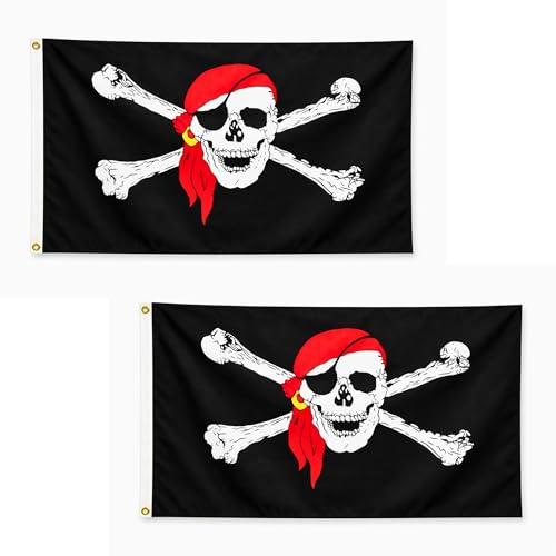 Image of 2 Pcs Jolly Roger Pirate Red Scarf Flag 5ft x 3ft with Brass Eyelets – Polyester Pirate Banner for Pirate Parties, Halloween Decor, Bar, Boat & Garden Decor