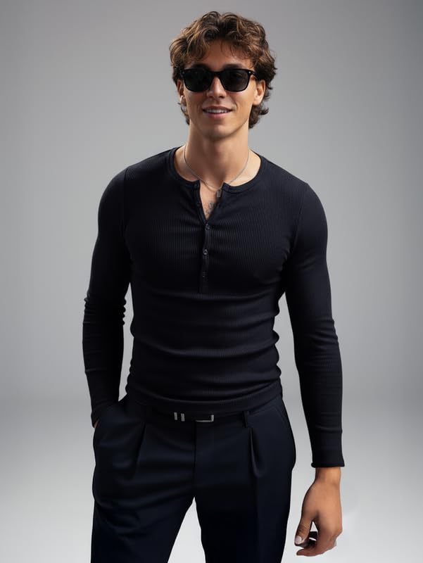 Image of FUGAZEE Black Ribbed Henley Long Sleeve T-Shirt for Men | Muscle Fit Ribbed Knit Tee with Crew Neck & Button Placket | Stretch Fabric Longsleeve Top | Structured Rib Texture