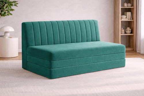 Image of Rosebell -3 Seater Upholstered Armless Sofa Cum Bed with Backrest | Velvet Fabric Finish | Modern Living Room & Bedroom -Green