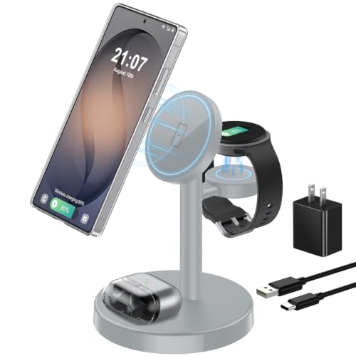 Image of Aeinidi Magnetic Wireless Charger for Samsung, 3 in 1 Super Fast Charging Station for MagSafe Charger Stand for Galaxy S26 Ultra Z Fold /Flip 8, Watch Ultra 8 7, Buds 4 /3 Pro, Not for Watch 9 /Ultra 2