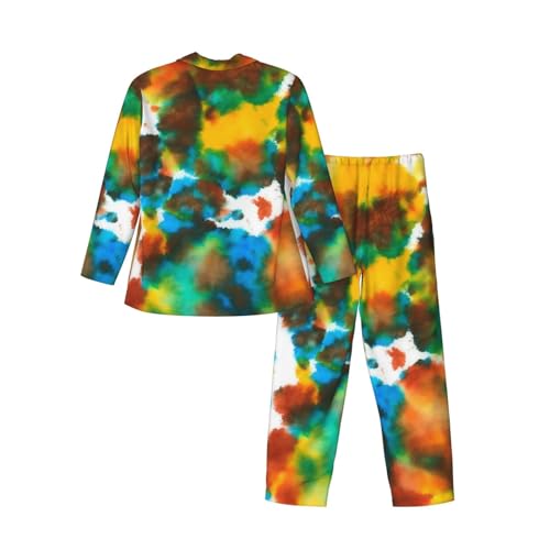 Colorful Tie Dye Green Drops Pattern Mens Pajamas Set Button Down Sleepwear Set Long Sleeve Loungewear With Pockets4