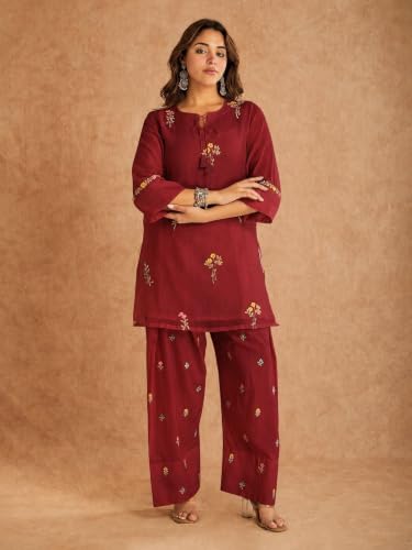 Image of ANNI Designer Farshi Salwar Suit for Women Viscose Embroidered | Co Ord Set for Woman | Straight Kurta Palazzo Outfit Round Neck V Slit 3 /4 Sleeve Ethnic Dress Womens Clothing