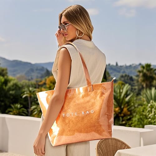 Image of KALIDI PVC Zipper Tote Bag, Jelly Kraft Paper Beach Bag Large Hobo Carry All Travel Shopping Handbag Plastic Shoulder Bag