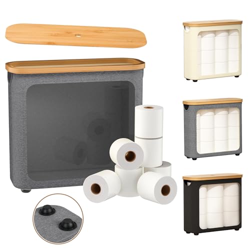 WRRLORS Toilet Paper Storage with Bamboo Lid Foldable Basket Organizer for Bathroom Holds 9 Mega/12 Regular Rolls Waterproof Toilet Paper Holder Storage with Non-Slip Base Gray