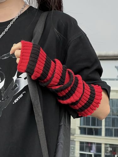 Y2k Striped Arm Warmers Long Fingerless Knitted Gloves Punk Gothic Old Emo Scene Cool Winter Arm Sleeves Grunge Accessories