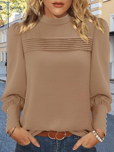 Magritta Puff Long Sleeve Shirts for Women Dressy Casual Fall Fashion Pleated Solid Color Blouse Fitted Mock Neck Tops3