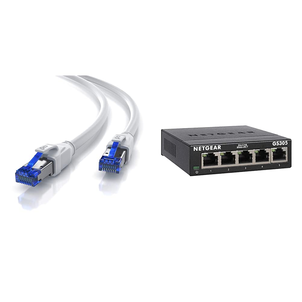 CSL Câble Réseau CAT.8 15 m 40 Gbits - LAN S/FTP PIMF RJ45 Blanc & NETGEAR GS305 Switch Ethernet 5 Ports Métal Gigabit (10/100/1000), Plug-and-Play