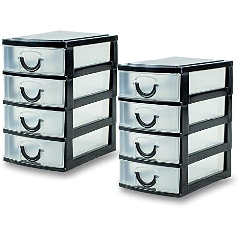 Lizzy Mini Storage Unit | 14.5cm x 9cm x 13cm | Pack of 2 | Transparent Mini Storage Tower | 4 Drawer with Handles | For Store Small Parts Crafts Desk Bathroom Kitchen Office (Black) Cover