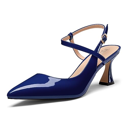 TNYNFBEB Womens Mid Heel Pointed Toe Pumps Ankle Strap Slingback Buckle Prom Wedding Basic Classic Summer 2.6 Inches Heels