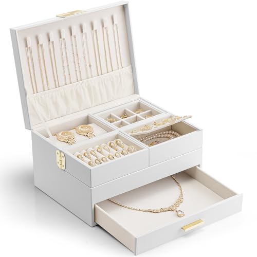 Vlando 3 Layer Jewelry Box - Women Jewelry Box with Retractable Tray - Jewelry Organizers with Drawer for Necklaces, Rings, Bracelets, Earrings, Gift for Couples Mom Girls - White D.White 3-