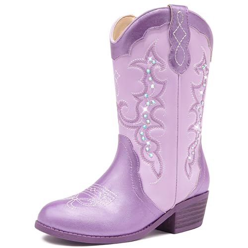 LAURMOSA Cowgirl Boots for Girls Sparkly Dress Purple Cowboy Kids Western Rhinestone Boots Size 12 Toddler Girl Cowgirl Pointed Toe Horse Riding Cowboy Party Shoes Old West(L1052Purple 12)