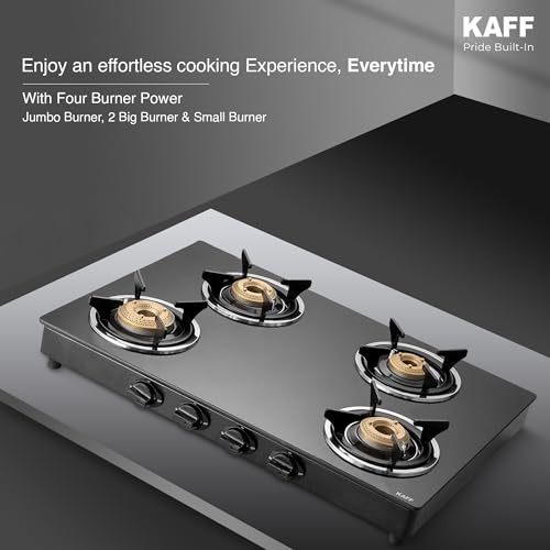 Image of KAFF CTC 69 4B Gas Stove /Cooktop 4 Burners with Manual Ignition 69 CM, High Efficiency Brass Burners, Black Tempered Glass, Enamelled Pan Support (Black)