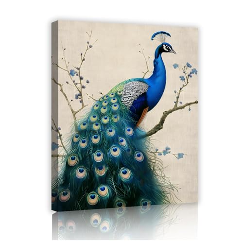 Poster paon bleu et branche de fleurs pour décoration chambre