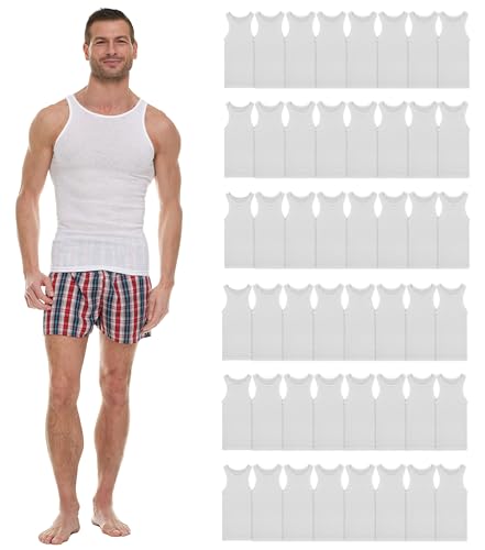 BILLIONHATS 48 Pack of Mens Cotton Undershirt, Ribbed Tank Top A Shirt White Assorted Sizes S-XL, Wholesale Bulk