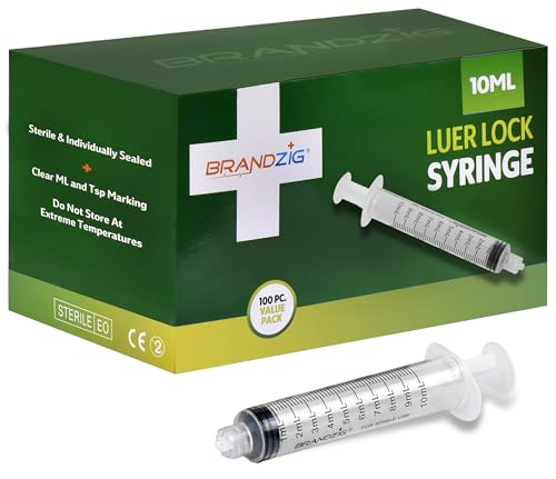 10ml Luer Lock Syringe (No Needle) - Sterile, Individually Wrapped - 100 Pack - for Professional & Personal Use
