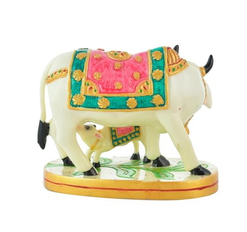Image of Polyresin Cow and Calf Statue Showpiece Murti for Home Office Decorative Gau MATA Sculpture Idol (Size: 7x4 Inch, White), Wedding