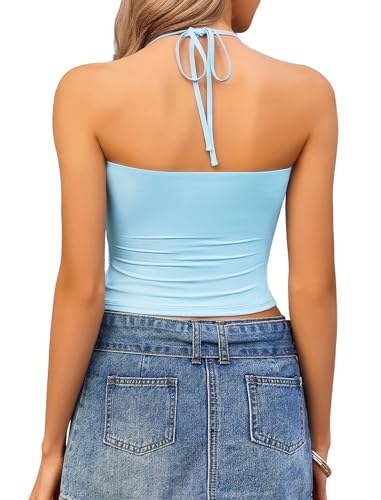 Image of Avidlove Halter Tops for Women Going Out Double Lined Sexy Crop Tank Top Ruched Slim Fit Cami Y2K Outfits Womens Summer Tops