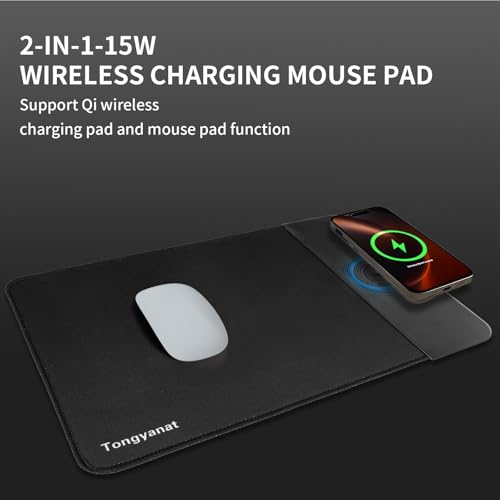 15W Wireless Charging Mouse Pad, 2 in 1 Desk Pad with Non-Slip Rubber Base, Fast Qi Wireless Charger for iPhone/Computers/Home Charging Devices, 12.8 * 8.5in Mouse Pad - Black - Image 3