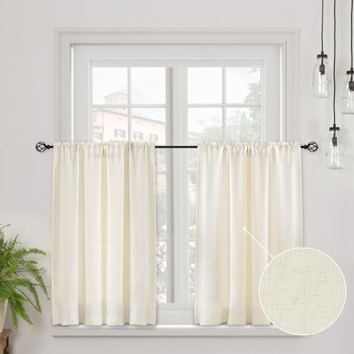 CUCRAF Kitchen Curtains Linen Blend W 48 x L 36 Inch 2 Panels Cafe Curtains for Small Windows Short Lightweight Curtain for Rod Pocket Kitchen Sink Cupboard Bathroom Natural