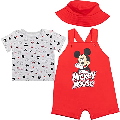 Image of Disney Junior Baby French Terry Short Overalls, T-Shirt and Hat 3 Piece Outfit Set Newborn to Infant Sizes (OS - 24 Months)