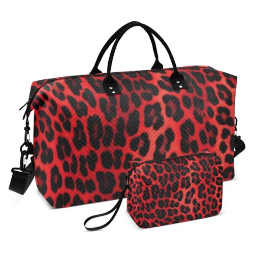 Duffel Bag Set for Travel Gym Sport, Weekender Bag Carry on Overnight Bags for Women Men-Red Leopard Print