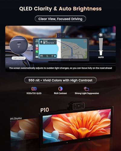 Image of P10 10.25 inch QLED Wireless CarPlay Screen for Car, Portable Display for Android Auto, Built-in 4G LTE, Parking Monitor, Remote Live View, Dual 1080P Dash Cam, ChatGPT & Gemini AI