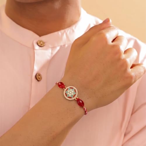 Image of Peora Rakhshabandhan Thread Rakhi for Brother Bhaiya | Kundan Beads & Crystal Studded | Combo Set of 2 | Rakhi Hamper Roli Chawal & Greeting Card