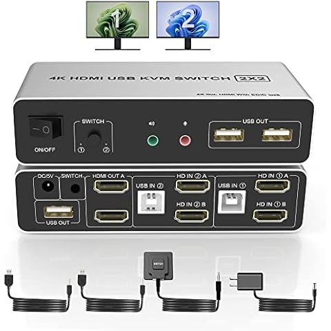 Conmutador KVM de doble monitor HDMI de 2 PCs con audio y USB Cover