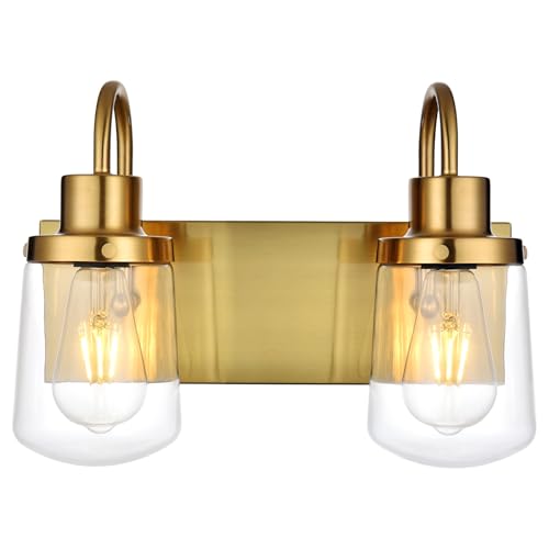Image of Yaohong Gold Bathroom Light Fixtures, 2-Light Vintage Gold Vanity Lights, Industrial Wall Sconce with Clear Glass Shade Light Fixtures for Bathroom Above Mirror Kitchen Living Room Gallery