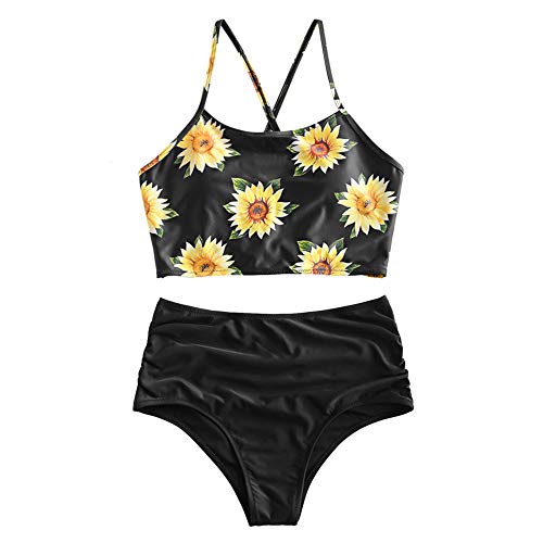 ZAFUL - Tankini para mujer, cintura alta, diseño floral Negro XXL