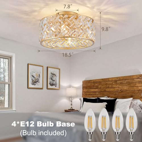 Image of 18 Inch Caged Ceiling Fans with Lights, Low Profile Crystal Fandelier Ceiling Fan with Lights and Remote & App Control for Low Ceilings Flush Mount Installation Indoor, Bulb Included Gold