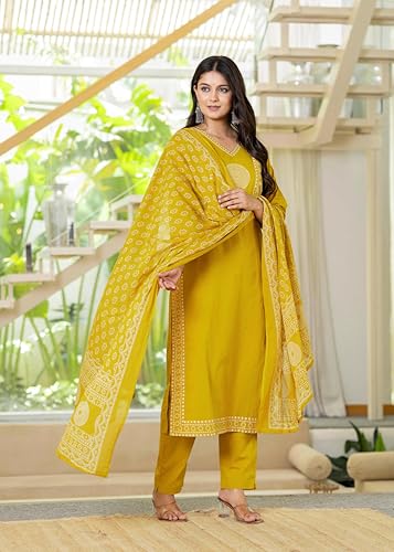 Image of Pistaa's Women's Ethnic Motifs Printed Regular Pure Cotton Kurta with Trousers With Dupatta Set