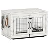 Piskyet Wooden Dog Crate Furniture with 360°Rotatable Removable Dog Bowls, Dog Crate End Table with Tray, Double Doors Dog Kennels for Dogs(M:31.8″ L*22.1″ W*24.1″ H,Marble White)
