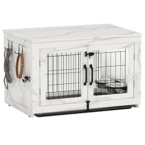 Piskyet Wooden Dog Crate Furniture with 360°Rotatable Removable Dog Bowls, Dog Crate End Table with Tray, Double Doors Dog Kennels for Dogs(M:31.8″ L*22.1″ W*24.1″ H,Marble White)