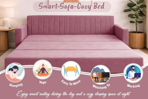 Image of Sofa-Cum-Bed | 3-Seater Foldable Sofa Cum Bed Armrest | Velvet Fabric Sofa for Living Room, Bedroom & Office-Rose Pink