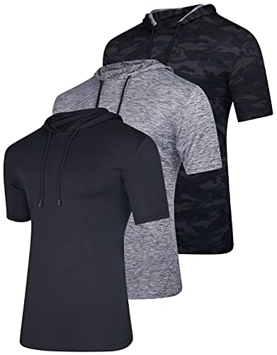 3 Pack: Mens Dry Fit Moisture Wicking Short Sleeve Active Athletic Hoodie Pullover Sweatshirt Workout Running Fitness Gym Sports Casual Tee Outdoor Summer Hiking Beach Outfit- Set 5 , M #TOP8