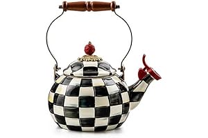 MACKENZIE-CHILDS Decorative Teapot, Black-and-White Courtly Check Checkered Whistling Tea Kettle